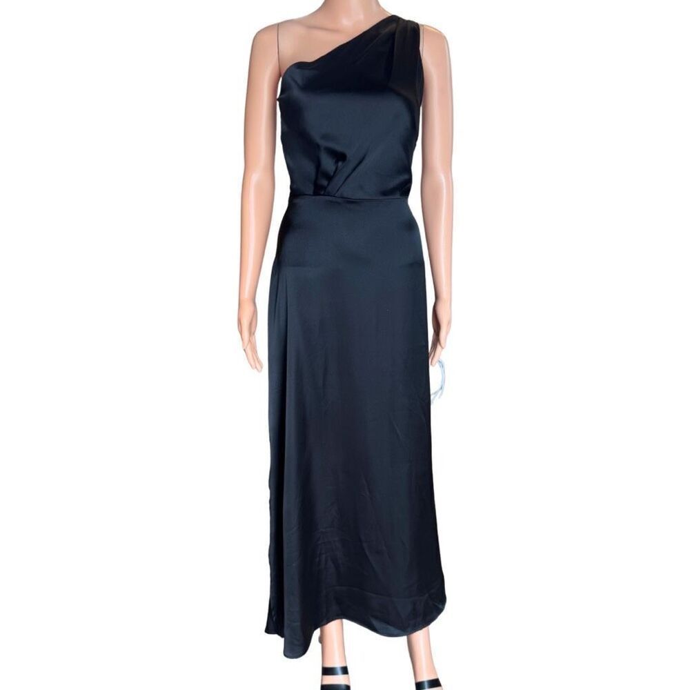 Rachel Parcell One Shoulder Satin Dress 12 Black Midi Formal Wedding Guest NWT - Picture 3 of 6